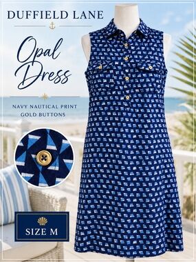 Duffield Lane Opal Dress Size M Navy Nautical Print Gold Button Sleeveless